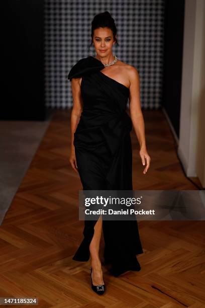 Megan Gale showcases designs during the David Jones AW23 Runway as part of Melbourne Fashion Festival on March 04, 2023 in Melbourne, Australia.
