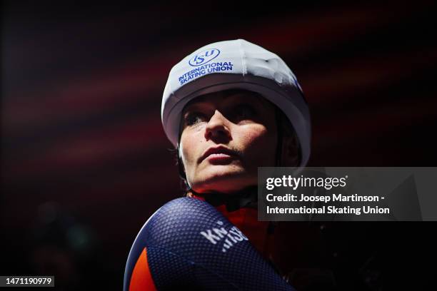 Irene Schouten of Netherlands prepares in the Women'sMass Start semi-finals during the ISU World Speed Skating Championships at Thialf on March 04,...
