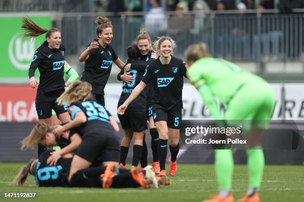 Player of Hoffenheim celebrate after winning the FLYERALARM Frauen-Bundesliga match between VfL Wolfsburg and TSG Hoffenheim at AOK-Stadion on March...