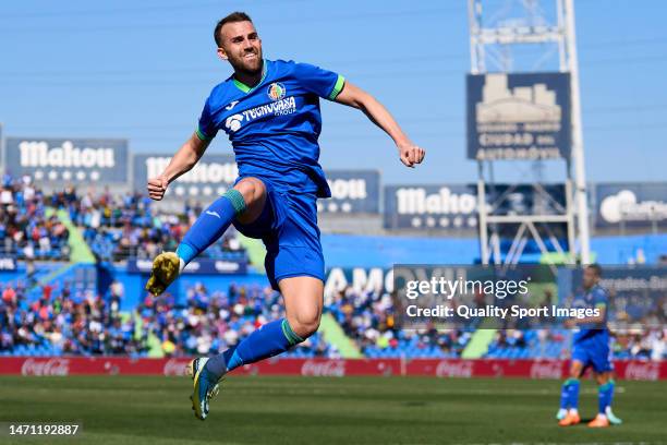 Borja Mayoral of Getafe CF celebrates after scoring his team's third goal during the LaLiga Santander match between Getafe CF and Girona FC at...