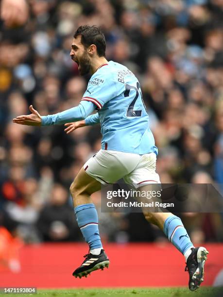 Bernardo Silva of Manchester City celebrates after scoring the team's second goal during the Premier League match between Manchester City and...