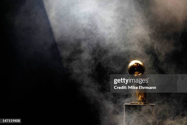 The Larry O'Brien Trophy sits on display during a celebration for the 2012 NBA Champion Miami Heat at American Airlines Arena on June 25, 2012 in...