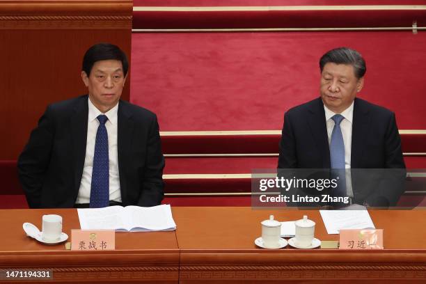 Li Zhanshu of National People's Congress and Chinese President Xi Jinping attend the opening of the first session of the 14th Chinese People's...