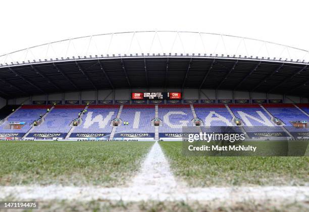 General view inside the stadium prior to the Sky Bet Championship between Wigan Athletic and Birmingham City at DW Stadium on March 04, 2023 in...