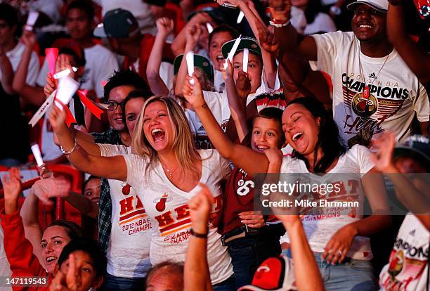 Fans gather during a celebration for the 2012 NBA Champion Miami Heat at American Airlines Arena on June 25, 2012 in Miami, Florida.