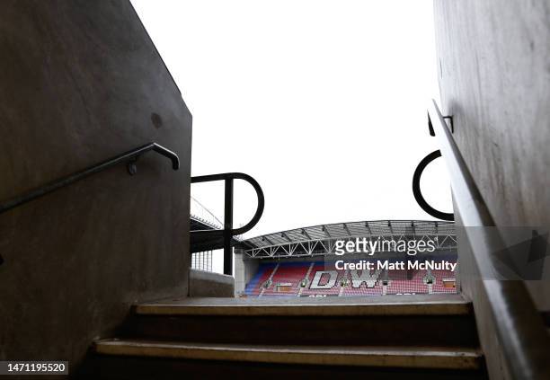 General view inside the stadium prior to the Sky Bet Championship between Wigan Athletic and Birmingham City at DW Stadium on March 04, 2023 in...