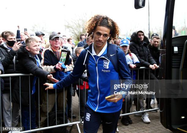 Hannibal Mejbri of Birmingham City high fives fans on arrival at the stadium prior to the Sky Bet Championship between Wigan Athletic and Birmingham...