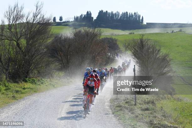 Edward Theuns of Belgium and Team Trek – Segafredo leads the peloton during the Eroica - 17th Strade Bianche 2023, Men's Elite a 184km one day race...