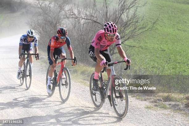 Andrea Bagioli of Italy and Team Soudal Quick-Step, Thomas Pidcock of The United Kingdom and Team INEOS Grenadiers and Alberto Bettiol of Italy and...