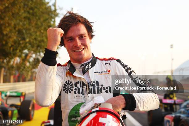 Race winner Ralph Boschung of Switzerland and Campos Racing celebrates in parc ferme during the Round 1:Sakhir Sprint race of the Formula 2...