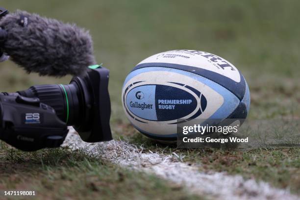 General view of a match ball beside a TV camera prior to the Gallagher Premiership Rugby match between Leicester Tigers and Bath Rugby at Mattioli...