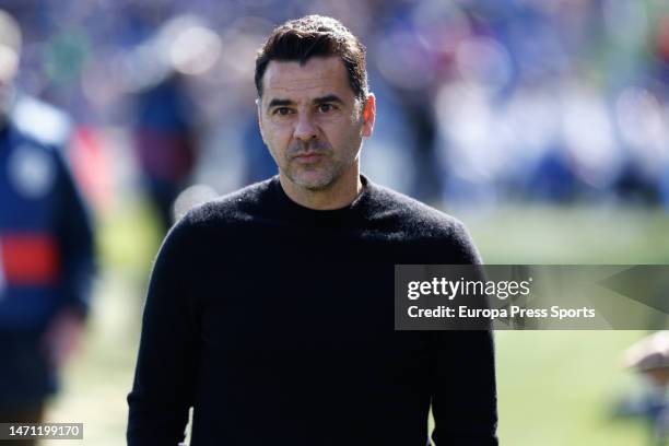 Miguel Angel "Michel" Sanchez, head coach of Girona FC, looks on during the Spanish League, La Liga Santander, football match played between Getafe...