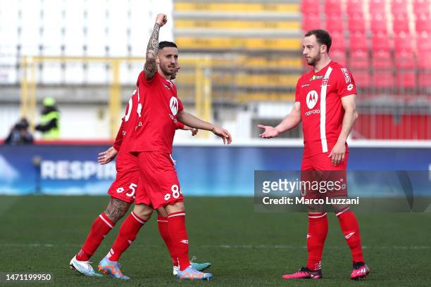 Patrick Ciurria of AC Monza celebrates with teammates after scoring the team's first goal during the Serie A match between AC Monza and Empoli FC at...