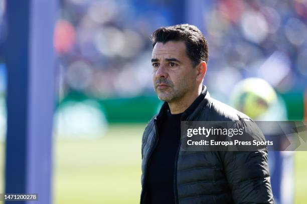 Miguel Angel "Michel" Sanchez, head coach of Girona FC, looks on during the Spanish League, La Liga Santander, football match played between Getafe...