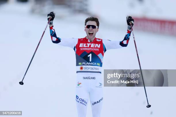 Gold medalist Jarl Magnus Riiber of Norway celebrates victory after the cross country leg of Nordic Combined Men's Gundersen Large Hill HS138/10km at...
