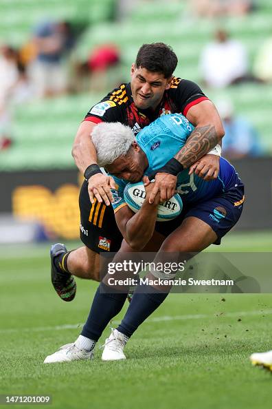 Fine Inisi of Moana Pasifika is tackled during 2023 Super Rugby Super ...