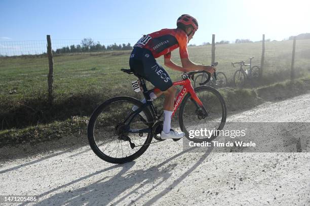 Thomas Pidcock of The United Kingdom and Team INEOS Grenadiers competes in the breakaway during the Eroica - 17th Strade Bianche 2023, Men's Elite a...