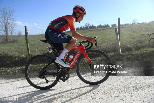 Thomas Pidcock of The United Kingdom and Team INEOS Grenadiers competes in the breakaway during the Eroica - 17th Strade Bianche 2023, Men's Elite a...