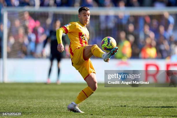 Borja Garcia of Girona FC controls the ball during the LaLiga Santander match between Getafe CF and Girona FC at Coliseum Alfonso Perez on March 04,...