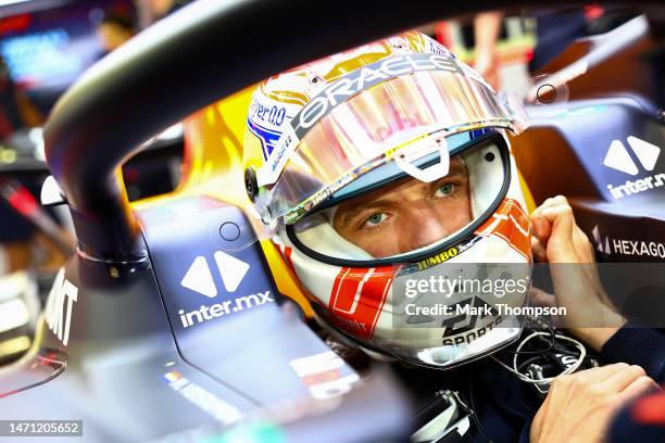 Max Verstappen of the Netherlands and Oracle Red Bull Racing prepares to drive in the garage during qualifying ahead of the F1 Grand Prix of Bahrain...