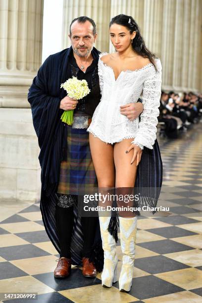 Fashion designer Andreas Kronthaler and a model walks the runway during the Vivienne Westwood Womenswear Fall Winter 2023-2024 show as part of Paris...