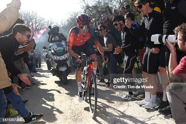 Thomas Pidcock of The United Kingdom and Team INEOS Grenadiers competes in the breakaway during the Eroica - 17th Strade Bianche 2023, Men's Elite a...