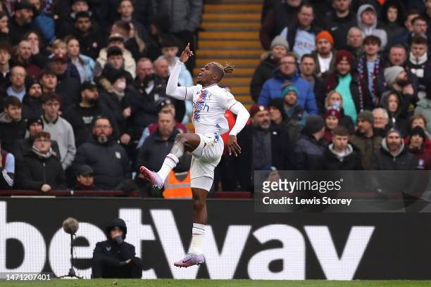 Wilfried Zaha of Crystal Palace celebrates after scoring the team's first goal which is later dissallowed by VAR during the Premier League match...