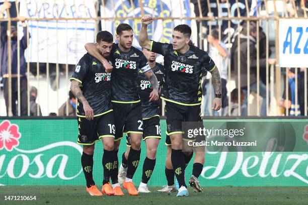 Martin Satriano of Empoli FC celebrates with team mates after scoring the team's first goal during the Serie A match between AC Monza and Empoli FC...