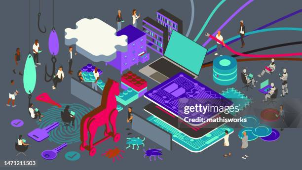 cybersecurity illustration - trojan horse virus stock illustrations