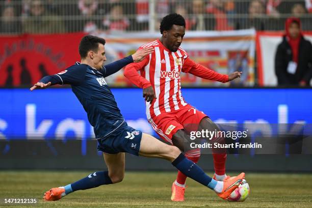 Sheraldo Becker of 1.FC Union Berlin is challenged by Dejan Ljubicic of 1.FC Koeln during the Bundesliga match between 1. FC Union Berlin and 1. FC...