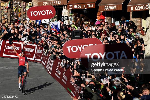 Thomas Pidcock of The United Kingdom and Team INEOS Grenadiers celebrates at finish line as race winner during the Eroica - 17th Strade Bianche 2023,...