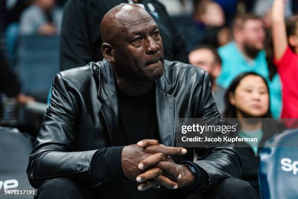 Charlotte Hornets owner Michael Jordan looks on during their game against the Orlando Magic at Spectrum Center on March 03, 2023 in Charlotte, North...