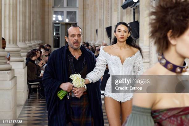 Fashion designer Andreas Kronthaler and Cora Corre walk the runway during the Vivienne Westwood Womenswear Fall Winter 2023-2024 show as part of...