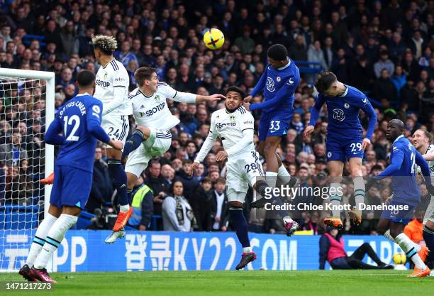 Wesley Fofana of Chelsea FC scores their teams first goal during the Premier League match between Chelsea FC and Leeds United at Stamford Bridge on...