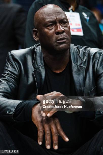 Charlotte Hornets owner Michael Jordan looks on during their game against the Orlando Magic at Spectrum Center on March 03, 2023 in Charlotte, North...