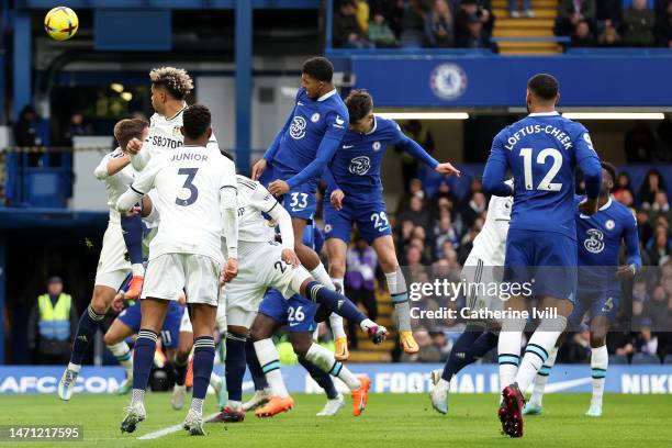 Wesley Fofana of Chelsea scores the team's first goal during the Premier League match between Chelsea FC and Leeds United at Stamford Bridge on March...