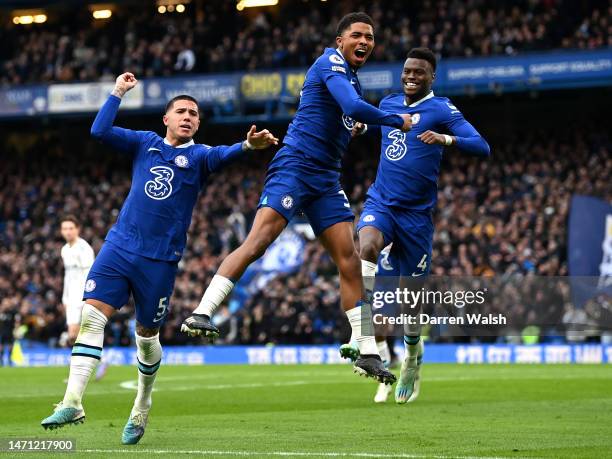 Wesley Fofana of Chelsea celebrates after scoring the team's first goal during the Premier League match between Chelsea FC and Leeds United at...