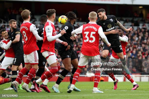 Marcos Senesi of AFC Bournemouth scores the team's second goal during the Premier League match between Arsenal FC and AFC Bournemouth at Emirates...