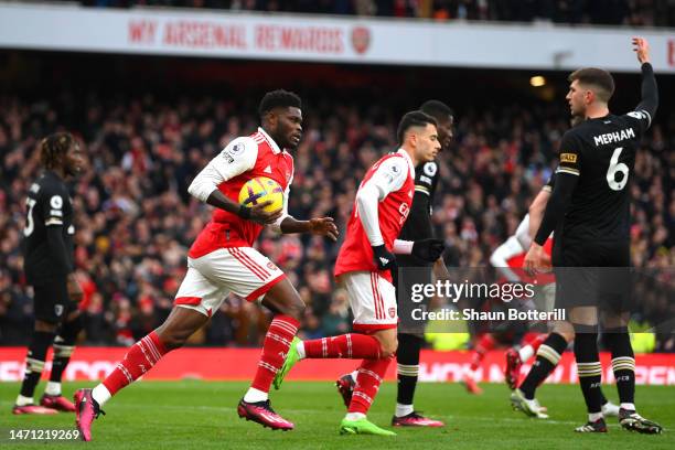 Thomas Partey of Arsenal celebrates after scoring the team's first goal during the Premier League match between Arsenal FC and AFC Bournemouth at...