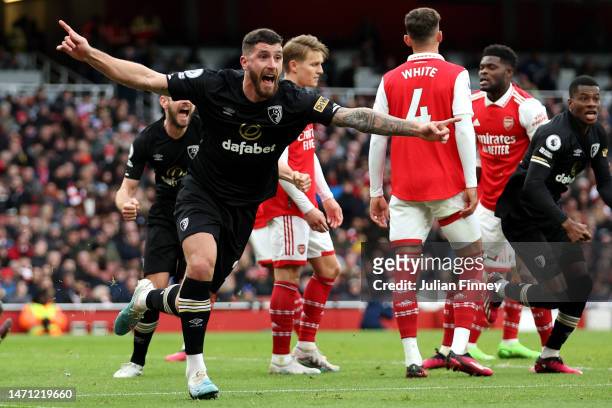 Marcos Senesi of AFC Bournemouth celebrates after scoring the team's second goal during the Premier League match between Arsenal FC and AFC...