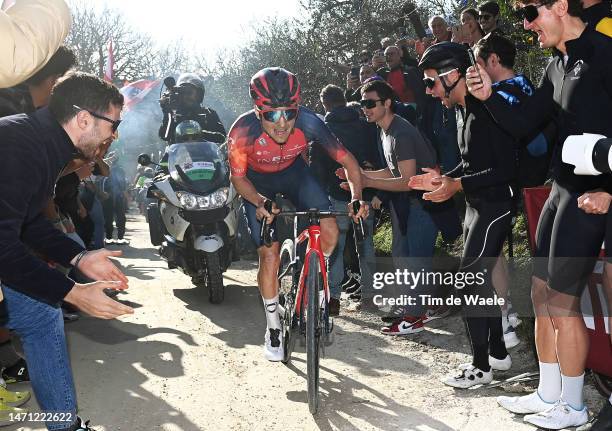 Thomas Pidcock of The United Kingdom and Team INEOS Grenadiers competes in the breakaway to win the Eroica - 17th Strade Bianche 2023, Men's Elite a...