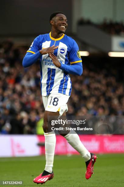 Danny Welbeck of Brighton & Hove Albion celebrates after scoring the team's first goal during the Premier League match between Brighton & Hove Albion...