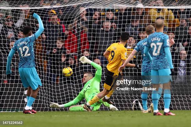 Raul Jimenez of Wolverhampton Wanderers scores a goal that is later disallowed for offside during the Premier League match between Wolverhampton...