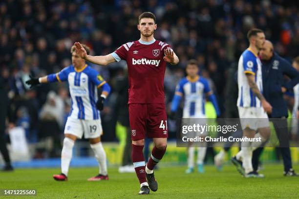 Declan Rice of West Ham United looks dejected after the Premier League match between Brighton & Hove Albion and West Ham United at American Express...