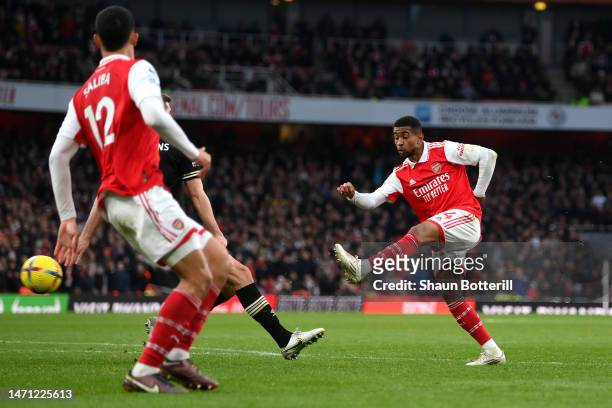 Reiss Nelson of Arsenal scores the team's third goal during the Premier League match between Arsenal FC and AFC Bournemouth at Emirates Stadium on...