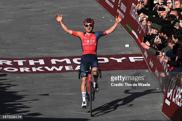 Thomas Pidcock of The United Kingdom and Team INEOS Grenadiers celebrates at finish line as race winner during the Eroica - 17th Strade Bianche 2023,...