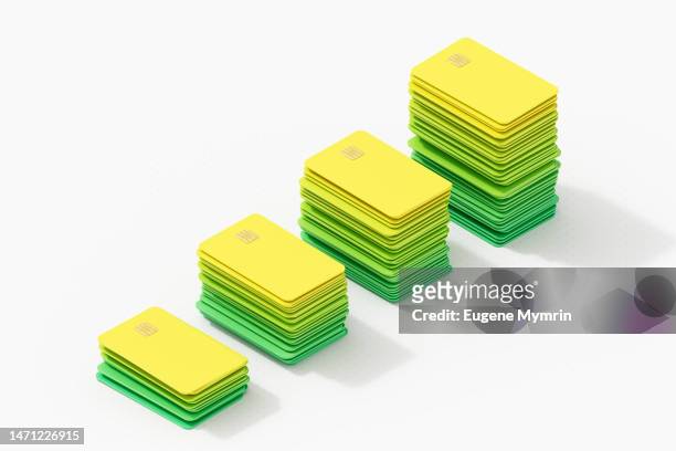 digitally generated image of isometric coloured credit cards. growth bar chart - bar cart stockfoto's en -beelden