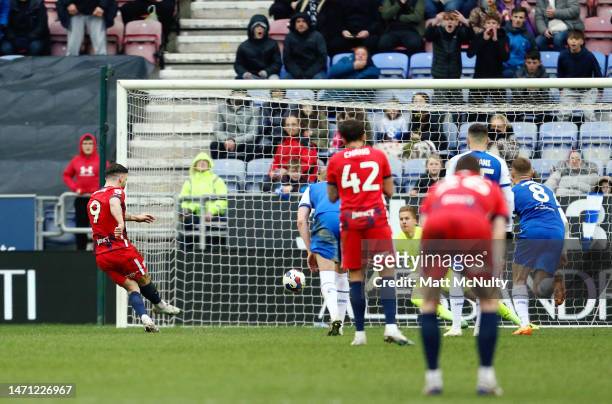 Scott Hogan of Birmingham City hits the crossbar from a penalty kick during the Sky Bet Championship between Wigan Athletic and Birmingham City at DW...