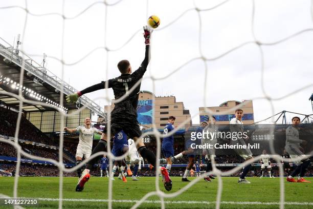 Wesley Fofana of Chelsea scores the team's first goal during the Premier League match between Chelsea FC and Leeds United at Stamford Bridge on March...