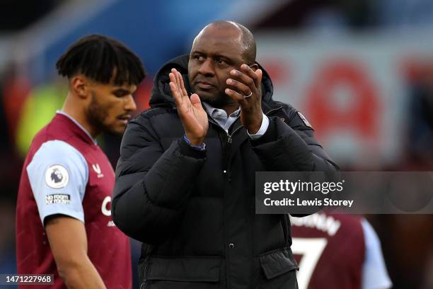 Patrick Vieira, Manager of Crystal Palace, applauds the fans following the Premier League match between Aston Villa and Crystal Palace at Villa Park...